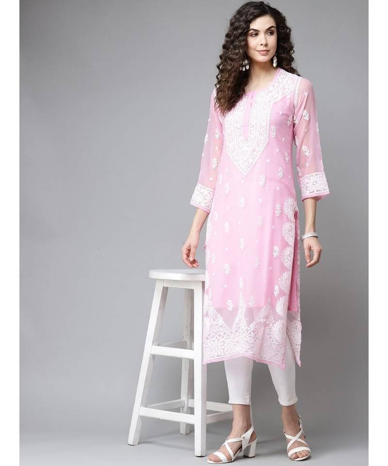 Women'S Hand Embroidered Onion Pink Georgette Lucknow Chikankari Kurta With Slip
