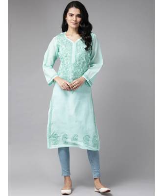 Ada Women's Hand Embroidered Sea Green Cotton Lucknowi Chikankari Kurti - A224071 1
