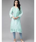 Ada Women's Hand Embroidered Sea Green Cotton Lucknowi Chikankari Kurti - A224071