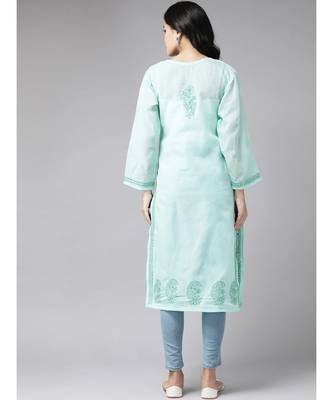 Ada Women's Hand Embroidered Sea Green Cotton Lucknowi Chikankari Kurti - A224071 2