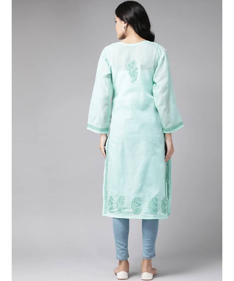 Ada Women's Hand Embroidered Sea Green Cotton Lucknowi Chikankari Kurti - A224071