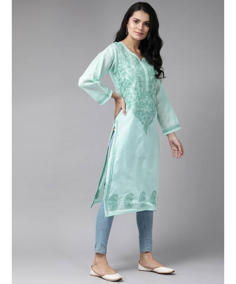 Ada Women's Hand Embroidered Sea Green Cotton Lucknowi Chikankari Kurti - A224071