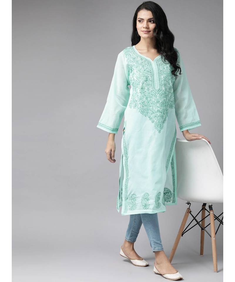 Ada Women's Hand Embroidered Sea Green Cotton Lucknowi Chikankari Kurti - A224071