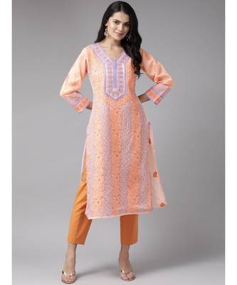 Ada Women's Hand Embroidered Peach Cotton Lucknow Chikan Kurti 1