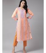 Ada Women's Hand Embroidered Peach Cotton Lucknow Chikan Kurti