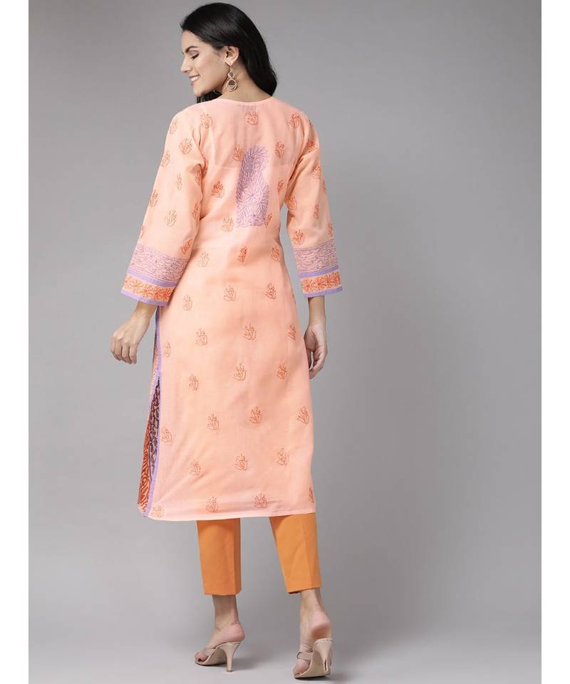 Ada Women's Hand Embroidered Peach Cotton Lucknow Chikan Kurti