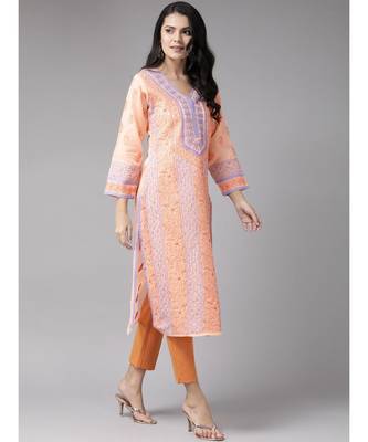 Ada Women's Hand Embroidered Peach Cotton Lucknow Chikan Kurti 3