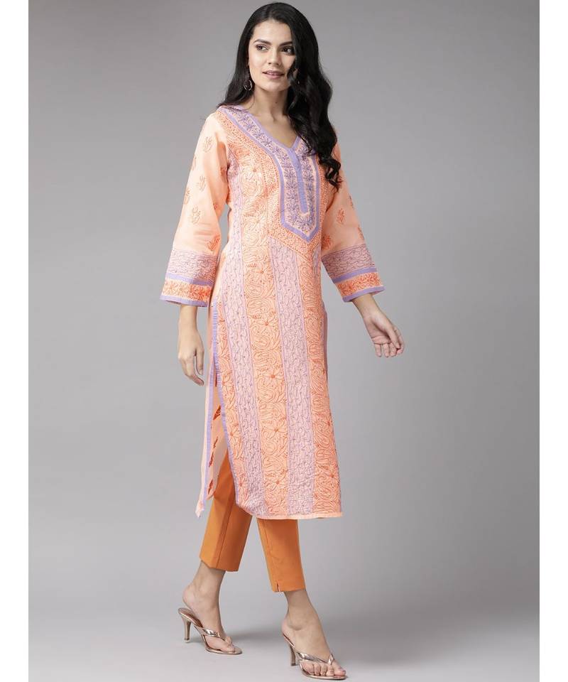 Ada Women's Hand Embroidered Peach Cotton Lucknow Chikan Kurti