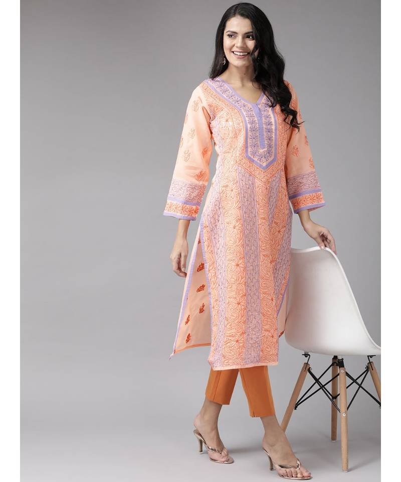 Ada Women's Hand Embroidered Peach Cotton Lucknow Chikan Kurti