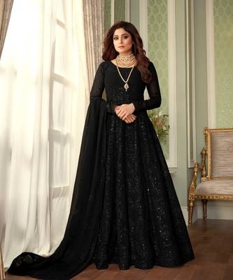 Shamita Shetty Black Lucknowi Embroidered Anarkali Suit 1