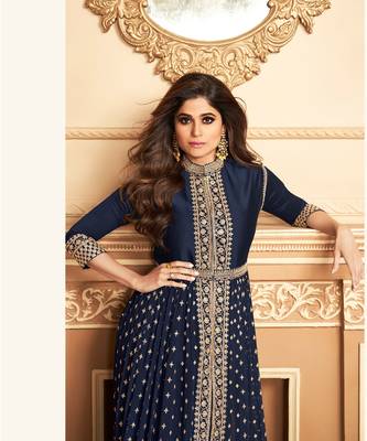  Shamita shetty Navy Blue golden slit style pant suits 2