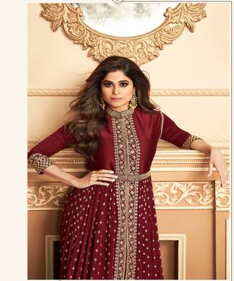  Shamita Shetty Red Golden Slit Style Pants Suits 2