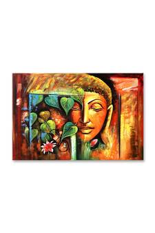 999Store  Budhha Face And Tree Art Framed Canvas Painting  (Cnvas_24X36 Inch _Brown)