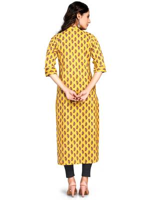Yellow printed cotton ethnic-kurtis 4