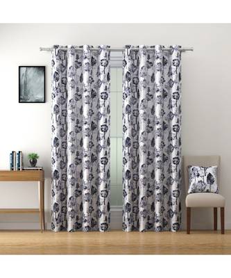 SWAYAM Omega Premium Digital Printed Faux Silk Floral Pattern Pack of 2 Curtains  Black  White 1