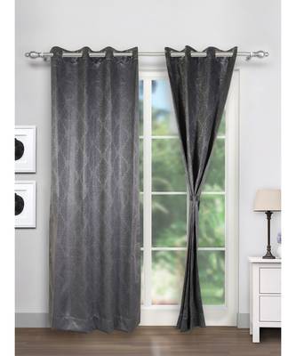 SWAYAM Omega Premium Digital Printed Faux Silk Floral Pattern Pack of 2 Curtains  Black  White 3