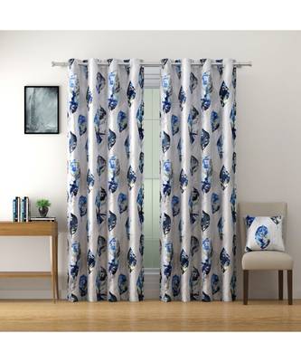 SWAYAM Omega Premium Digital Printed Faux Silk Floral Pattern Pack of 2 Curtains Blue White 1