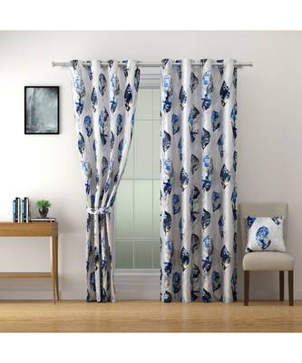 SWAYAM Omega Premium Digital Printed Faux Silk Floral Pattern Pack of 2 Curtains Blue White 2