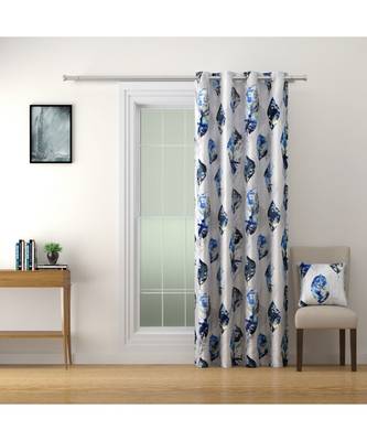 SWAYAM Omega Premium Digital Printed Faux Silk Floral Pattern Pack of 2 Curtains Blue White 3