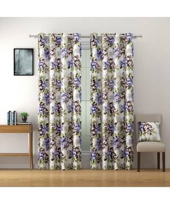 SWAYAM Omega Premium Digital Printed Faux Silk Floral Pattern Pack of 2 Curtains Blue White 1