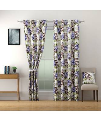 SWAYAM Omega Premium Digital Printed Faux Silk Floral Pattern Pack of 2 Curtains Blue White 2