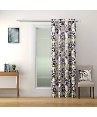 SWAYAM Omega Premium Digital Printed Faux Silk Floral Pattern Pack of 2 Curtains Blue White 3
