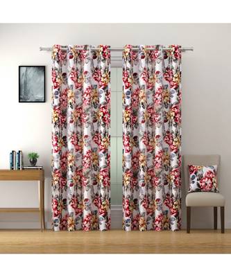 SWAYAM Omega Premium Digital Printed Faux Silk Floral Pattern Pack of 2 Curtains Red White 1