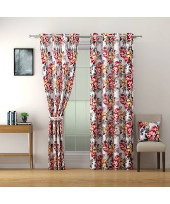 SWAYAM Omega Premium Digital Printed Faux Silk Floral Pattern Pack of 2 Curtains Red White 2