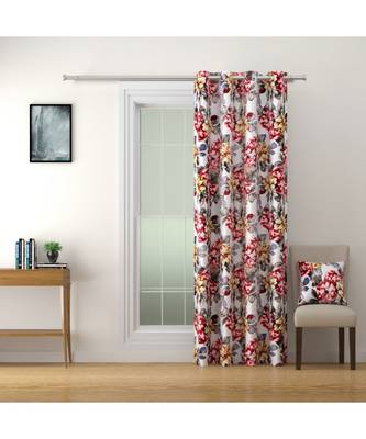 SWAYAM Omega Premium Digital Printed Faux Silk Floral Pattern Pack of 2 Curtains Red White 3