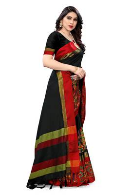 Black embroidered cotton silk saree with blouse 3