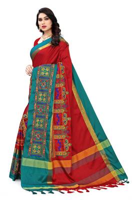 Red embroidered cotton silk saree with blouse 2