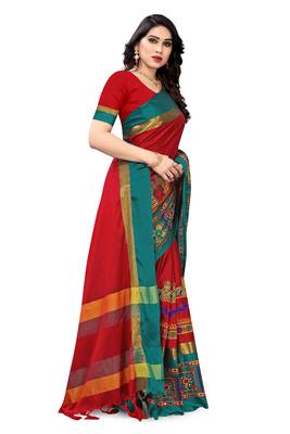 Red embroidered cotton silk saree with blouse 3