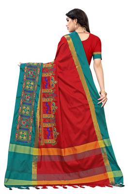 Red embroidered cotton silk saree with blouse 4