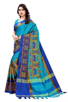 Light blue embroidered cotton silk saree with blouse 2