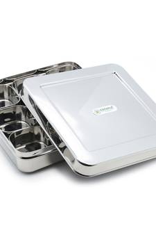 Coconut Stainless Steel Junior Square Masala Box/Spice Container with 9 Bowls - Diamater - 22CM