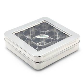 Coconut Stainless Steel Nano Square Masala Box See Thru Lid C Thru Masala Box with 9 Bowls 1