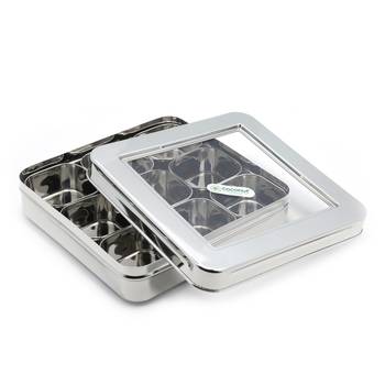 Coconut Stainless Steel Nano Square Masala Box See Thru Lid C Thru Masala Box with 9 Bowls 2