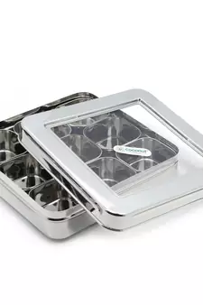 Coconut Stainless Steel Nano Square Masala Box See Thru Lid C Thru Masala Box with 9 Bowls