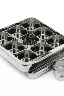 Coconut Stainless Steel Nano Square Masala Box See Thru Lid C Thru Masala Box with 9 Bowls