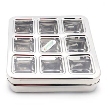 Coconut Stainless Steel Lego Masala Box -Square  Cubic See thru Lid Condiment box - 9 partition 1