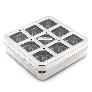 Coconut Stainless Steel Lego Masala Box -Square  Cubic See thru Lid Condiment box - 9 partition 2