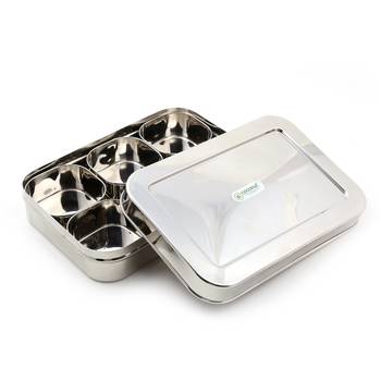 Coconut Stainless Steel Rectangle Masala Box/ Masala Box Stainless Steel Lids with 6 Bowls 1
