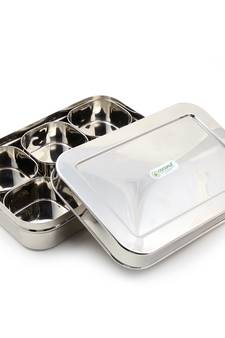 Coconut Stainless Steel Rectangle Masala Box/ Masala Box Stainless Steel Lids with 6 Bowls