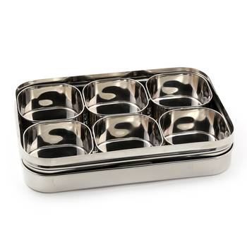 Coconut Stainless Steel Rectangle Masala Box/ Masala Box Stainless Steel Lids with 6 Bowls 2