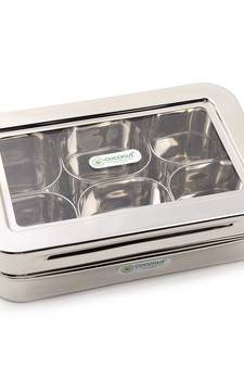 Coconut Stainless Steel Rectangle Masala Box / Masala Box Glass Lid with 6 Bowls