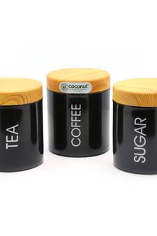 KCL Stainless Steel Tea / Coffee / Sugar Canister , Capacity - 600 ML Each -3 Pc Set -Color Black