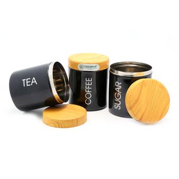 KCL Stainless Steel Tea / Coffee / Sugar Canister , Capacity - 600 ML Each -3 Pc Set -Color Black 2