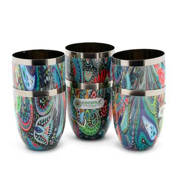 Coconut Stainless Steel Printed Designer Multi Colour Water Glass Pack of 6 Glasses 1