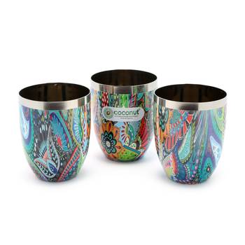 Coconut Stainless Steel Printed Designer Multi Colour Water Glass Pack of 3 Glasses 1