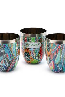 Coconut Stainless Steel Printed Designer Multi Colour Water Glass Pack of 3 Glasses